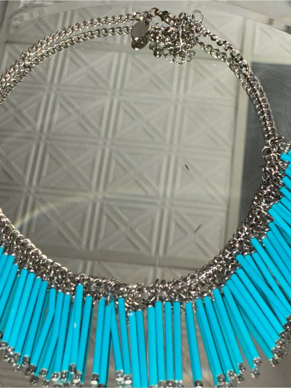 Rare turquoise long fringe silver choker necklace or longer stunning